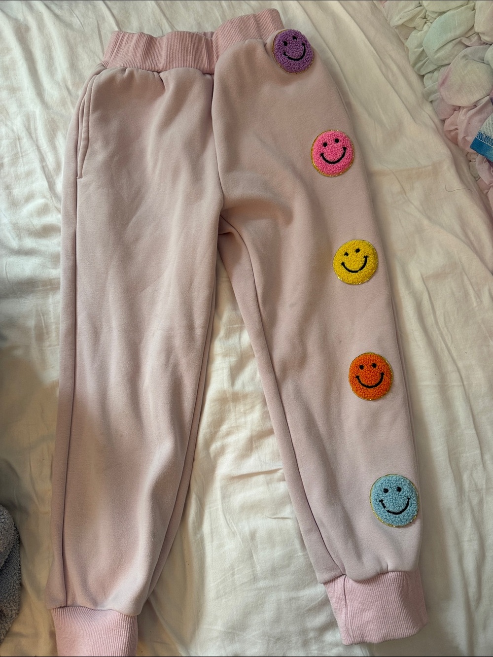 Lola + The Boys Light Pink Joggers with Rainbow Smiley Patches